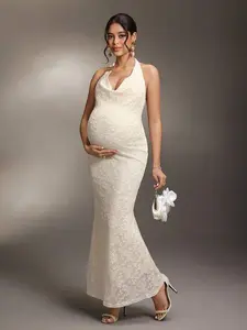 ELLIOTTWII Maternity Maternity Photography Dress With Halter Neck Bow Tie, Rose Decor Button, Ruffle Collar, Fitted Waist, Mermaid Hem, Double Layer Knit Jacquard Maxi Dress