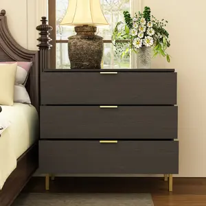 Modern 3-Drawer Nightstand - Large Bedside Table with Gold Metal Legs, Bedroom Dresser Storage