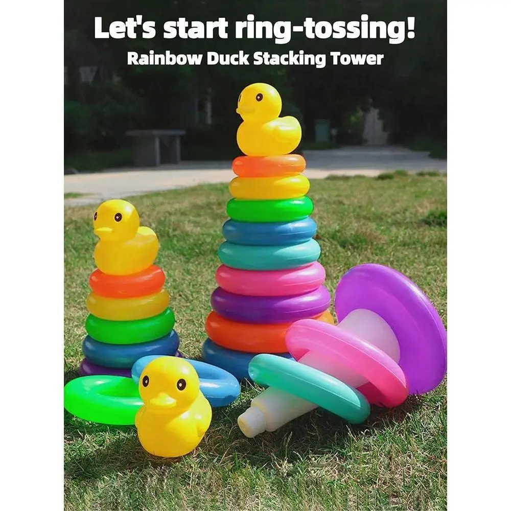Unisex Yellow Plastic Duck Stacking Tower - Rainbow Design, Circle Blocks, Stacking Rings, Interactive Circle Toss Game, Stress Relief Classic Novelty Toy, Decoration, Birthday Gift, Interactive Game