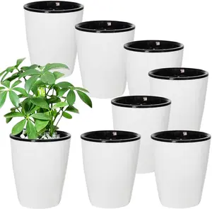 8 Pack 4 Inch Self Watering Plastic Planter with Inner Pot White Flower Plant Pot,Modern Decorative Flower Pot for All House Plants,Flowers,Herbs