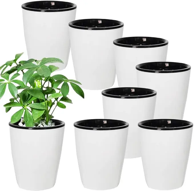 8 Pack 4 Inch Self Watering Plastic Planter with Inner Pot White Flower Plant Pot,Modern Decorative Flower Pot for All House Plants,Flowers,Herbs