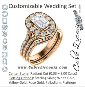 CZ Wedding Set, featuring The Yasmine engagement ring (Customizable Radiant Cut Center with Oversized Halo Accents and Split-Pavé Band)