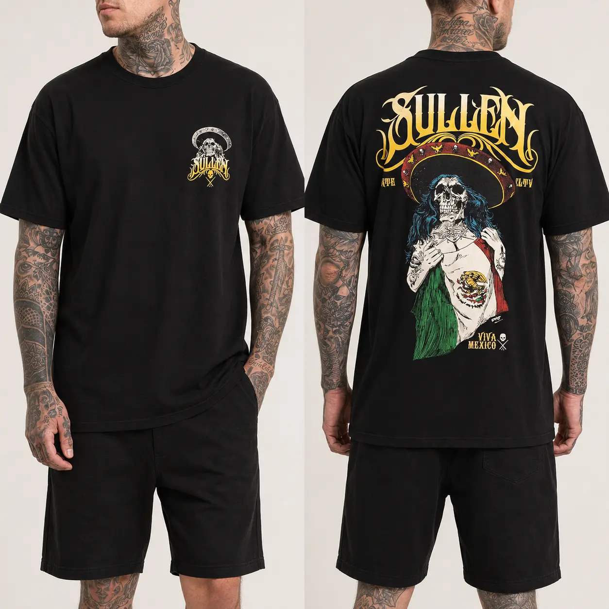 Sullen Viva Mexico Skull T-Shirt, Mexican Skeleton Graphic Tee, Chicano Streetwear Shirt, Tattoo Art Apparel, Dia De Los Muertos Gift for Men