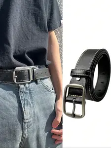Men's Retro Leather Belt with Classic Stitch Design and Metal Buckle, Adjustable Casual Waist Strap for Jeans and Daily Wear, Trendy Exquisite Belt, Street Style Belt