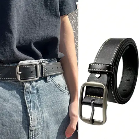 Men's Retro Leather Belt with Classic Stitch Design and Metal Buckle, Adjustable Casual Waist Strap for Jeans and Daily Wear, Street Style Fashion Belt, Everyday Belts