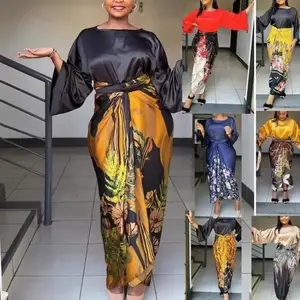 New African Large-size Women's Suit Fashionable And Personalized Digital Printed Skirt Loose Straps Two-piece Set Clothes  Floral Long Sleeve