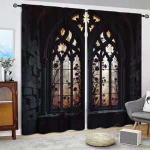 Colorful glass Gothic window digital printed curtains, semi blackout polyester material curtains, 2-piece set of bedroom, living room, dining room universal curtains