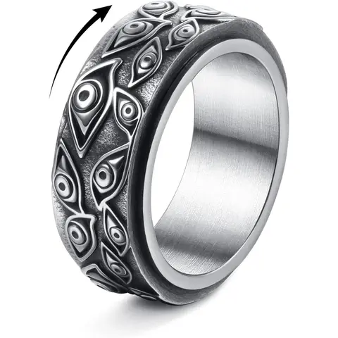 FLORIDECO Stainless Steel Invisible Stacking Fidget Spinner Band Ring - Funky Moon-Star, Flower, Evil Eye Motifs, Artificial Gemstone, Adult Unisex Anxiety Relief Elegant Durable Daily Jewelry Accessory