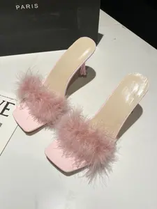 Goddess Style Plush Thong Sandals Women Feather Thin Heel Stiletto Open Toe Slippers Sexy Square Toe High-End Pure Desire Look, Footwear