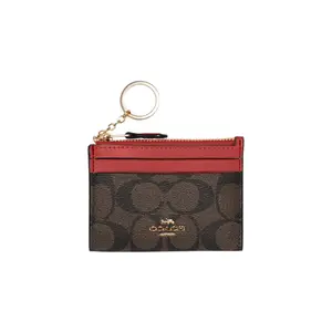 COACH Skinny ID Case with Zip Closure – Coated Canvas and Leather Cardholder for Women, Red and Brown