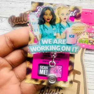 We Are Working On It Expression Acrylic Badge Reel Durable Retractable ID Name Tag Clip For Busy Nurse Medical Student Coworker Gift