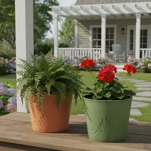 GreenShip 15 inch Large Planters, Set of  2 Relief  Planters - Recycled Resin & Stone Composite Flower Pots - Weather Resistant Lightweight Garden Pots for Indoor Outdoor Plants