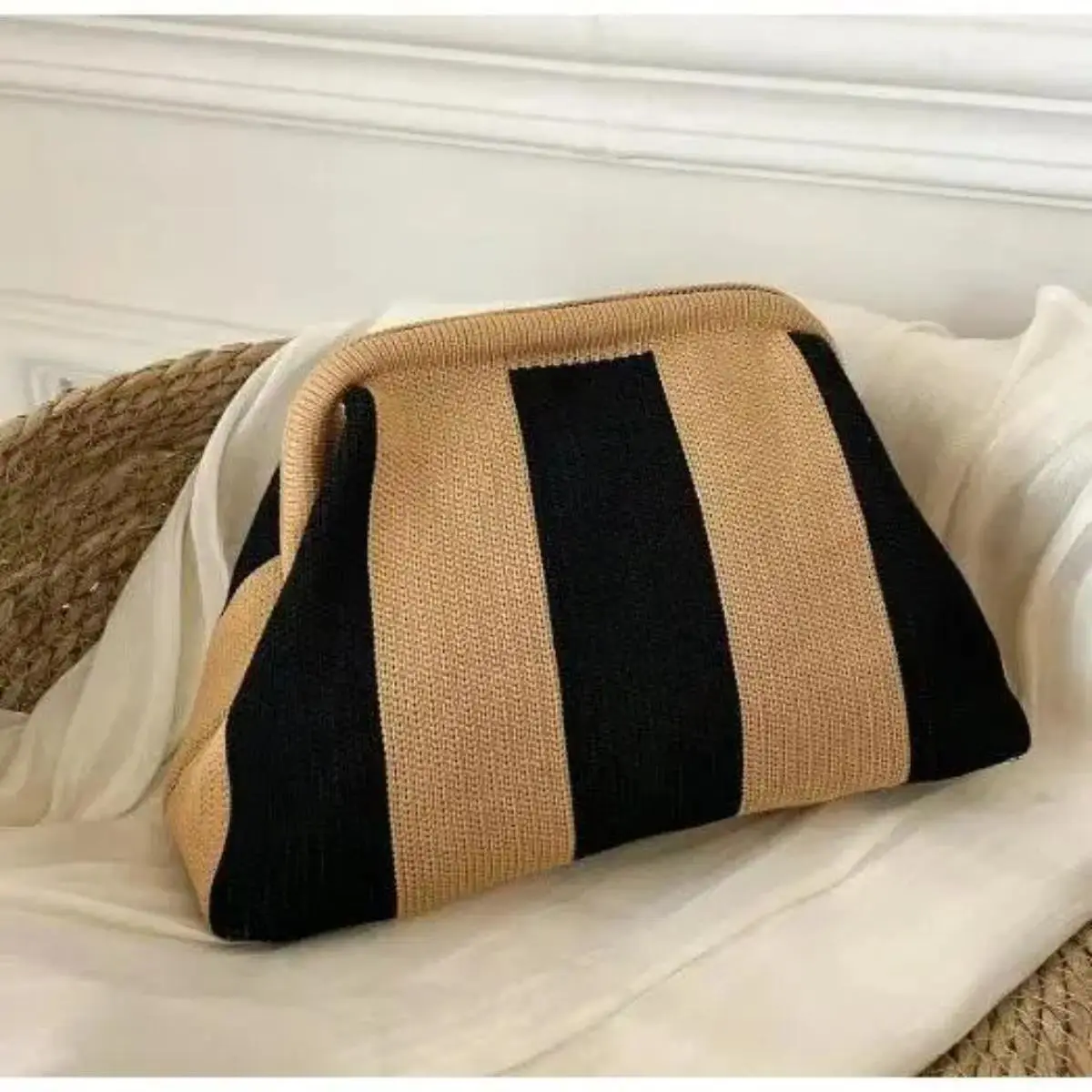 Women's Striped Woven Clutch Purse, Lightweight Compact Polyester Bag with Ruched Dumpling Design for Casual Wear, Stripes