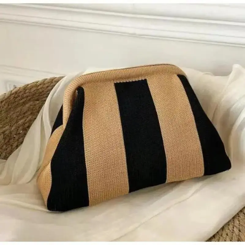 Women's Striped Woven Clutch Purse - Lightweight Compact Polyester Bag with Ruched Dumpling Design for Casual Wear