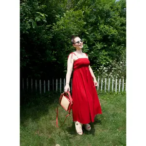 Beaded Tie Tank Smocked Bodice Dress Linen Blend