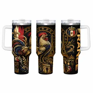 40oz Handle Insulated Stainless Steel Tumbler, France Patriotic Rooster Eiffel Tower Arc de Triomphe Fleur De Lis Full Wrap Art Travel Mug, Double Wall Vacuum Insulation, Leak Proof Straw Lid, Car Cup Holder Friendly BPAFreeFranceHeritageTravelThemedGift,