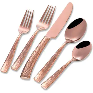 Silverware Rose Gold Hammered Flatware Set Cutlery Set Stainless Mirror Finished Utensil 20 Pieces and Service for 4