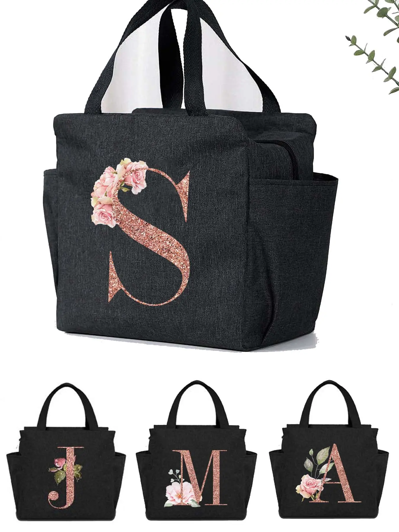 Letter & Floral Pattern Lunch Bag, Large Capacity Bag, Waterproof Student Lunch Handbag, Portable Zipper Lunch Bag, Lunch Bags for Women, Lunch Bag Gift
