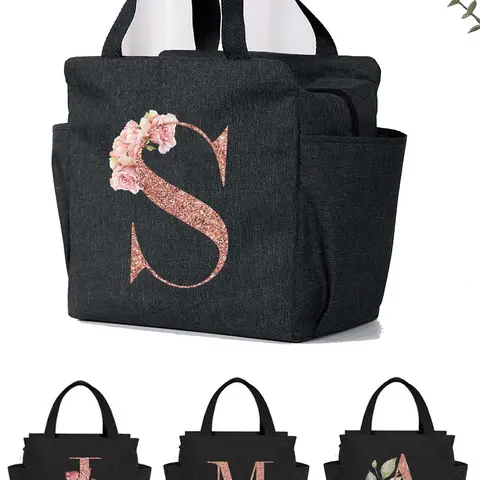 Letter & Floral Pattern Lunch Bag, Large Capacity Bag, Waterproof Student Lunch Handbag, Portable Zipper Lunch Bag, Casual Lunch Bag, Lunch Bags for Women