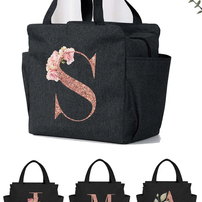 Letter & Floral Pattern Lunch Bag, Large Capacity Bag, Waterproof Student Lunch Handbag, Portable Zipper Lunch Bag, Casual Lunch Bag, Lunch Bags for Women