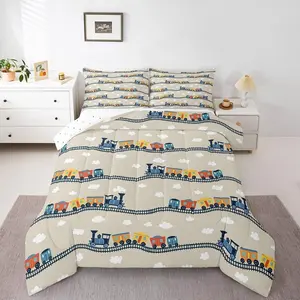 Kids Cartoon Train Bedding Sets, Boys Cute Truck Car Themed Comforter Set,Kawaii Steam Engine Insert White Clouds Watercolor Beige Print Duvet