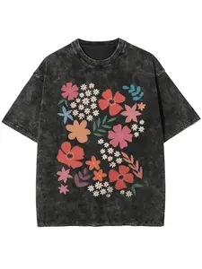 2026 popular pure cotton washed T-shirt women's floral T-shirt summer casual round neck short-sleeved top Fasahion flower women's clothing casual women's clothing