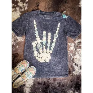 Skeleton Rock Hand Sign Vintage Black Cotton Graphic Tee, Womenswear