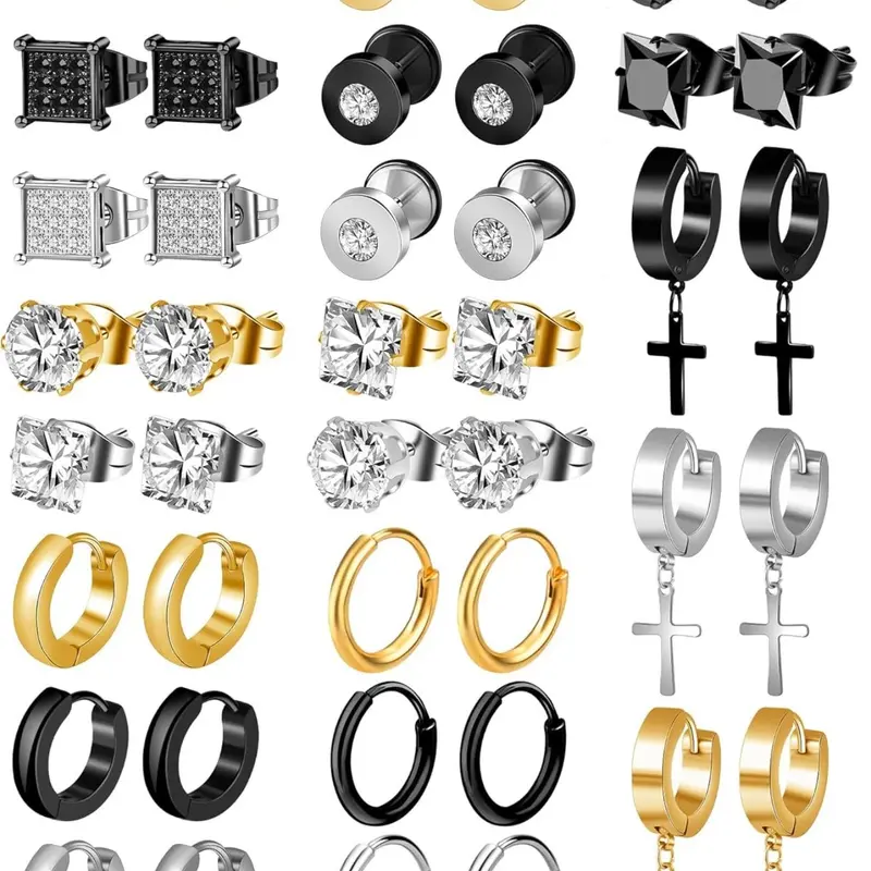 Rhinestone Earring Stacking Set for Women & Men, Punk Cross Dangle, Hoop & Stud Styles, Stackable Earrings, Sparkling Multi-Piece Ear Jewelry Set