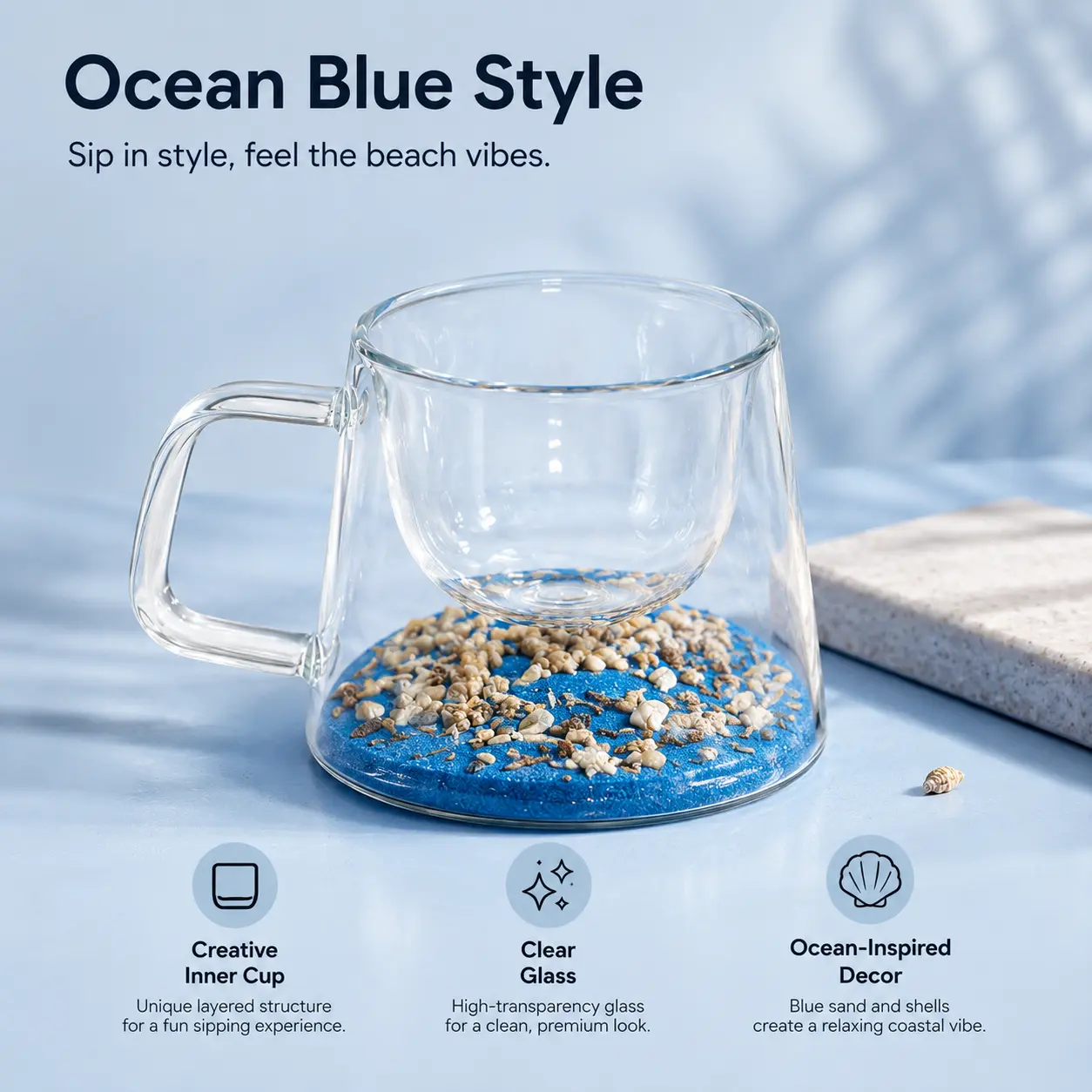 Double-Wall Clear  , Ocean Beach Shell Sand Base, Heat-Insulated Coffee Mug, Creative Gift for Coffee Lovers glass cup drinkware beverage stylish cocktail iced whiskey juice