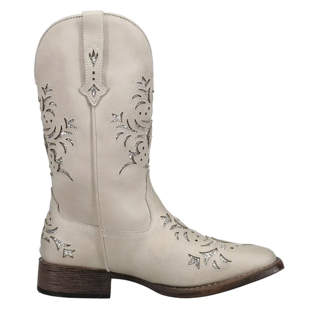 ROPER Womens Kennedy Tooled-Inlay Glitter Square Toe Pull On  Casual Boots Mid Calf Low Heel 1-2" - Beige