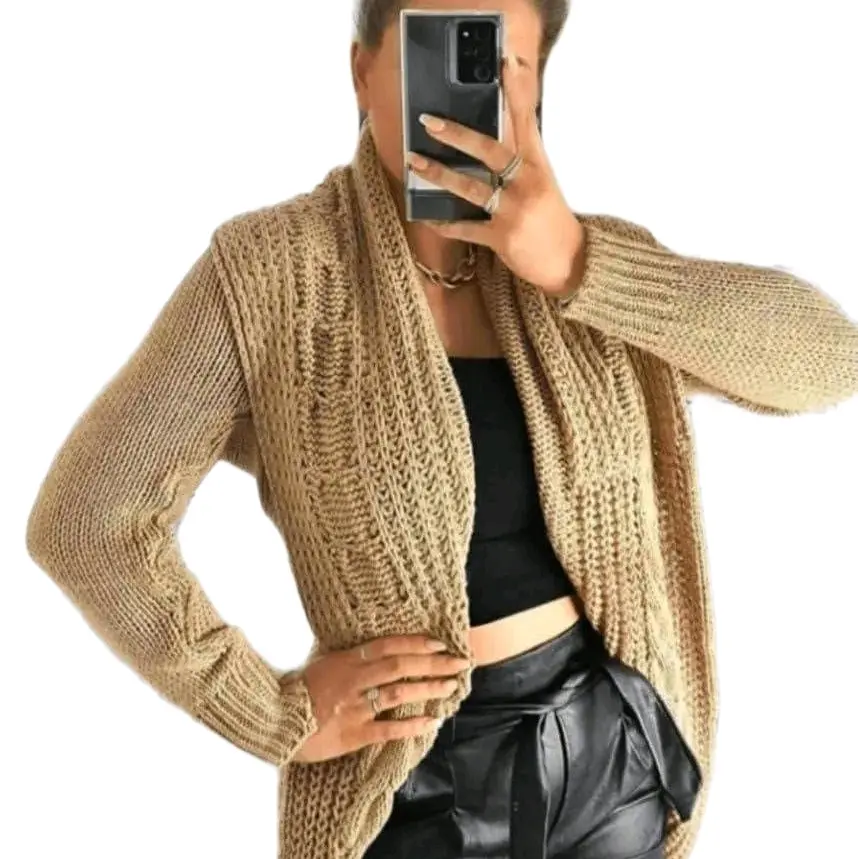 Tammi Shawl Collar Longline Cardigan Camel Chunky Cable Knit Flattering Longline Fit Machine Washable Casual Style