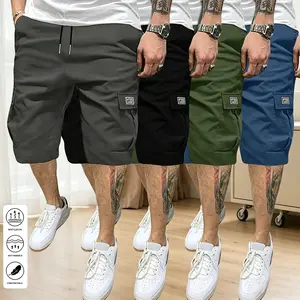 4PCS Men’s Summer Casual Cargo Shorts – Elastic waistband drawstring design, multiple pockets, letter appliqué pattern, regular fit with mid-to-high rise, non-stretch fabric; suitable for everyday wear and casual activities; not see-through material; mens