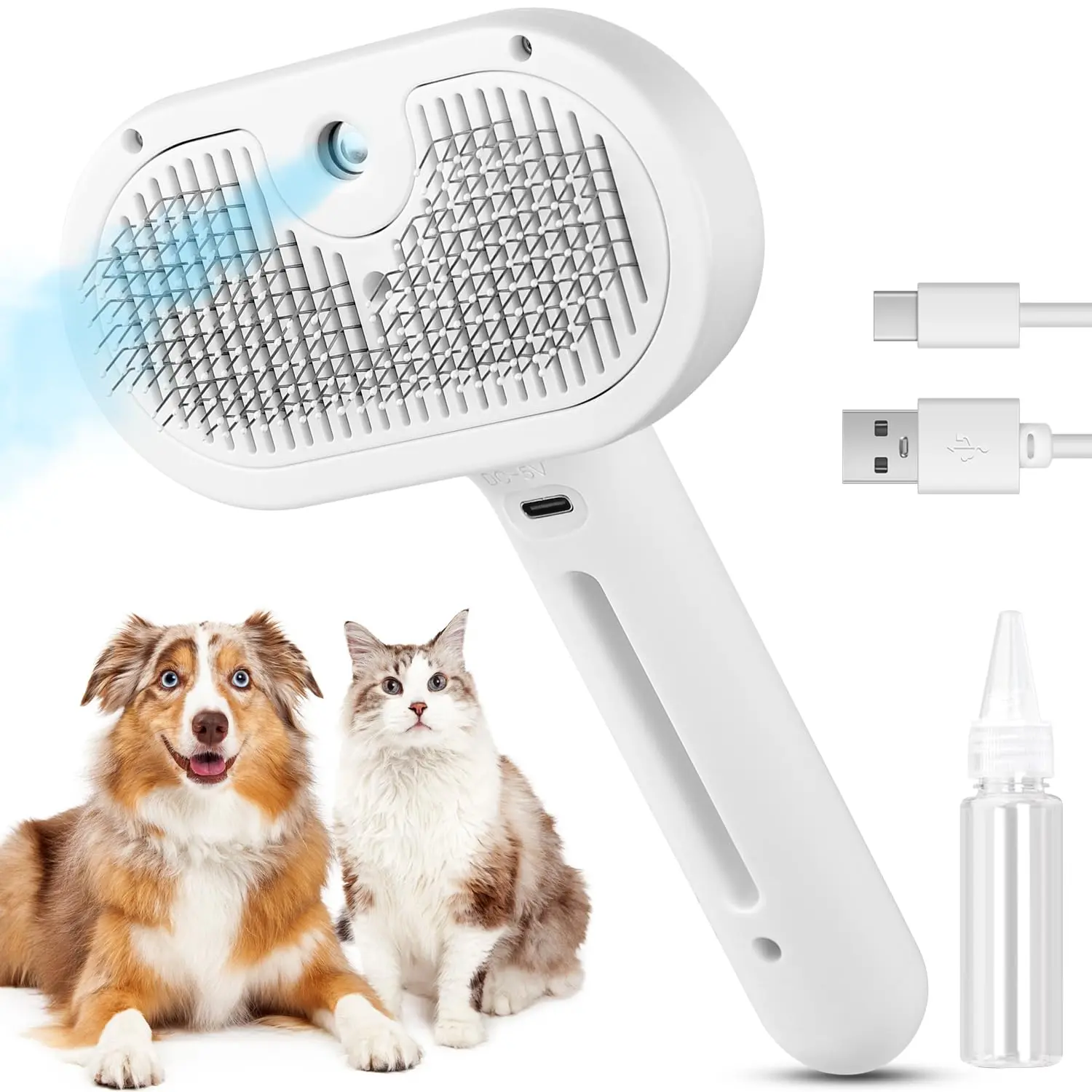 Pet Steam Deshedding Brush for Dogs & Cats – 3-in-1 Self-Cleaning Grooming Comb, Anti-Static Cool Mist Spray, USB Rechargeable, Reduces Shedding on Long & Short Hair Pets (White)
