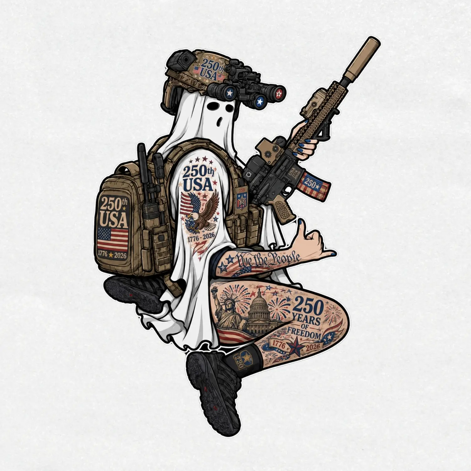 250th USA Ghost Tactical Vinyl Sticker  4th of July Decal  Patriotic Military USA 250 Years Freedom Sticker  American Tactical Ghost Art
