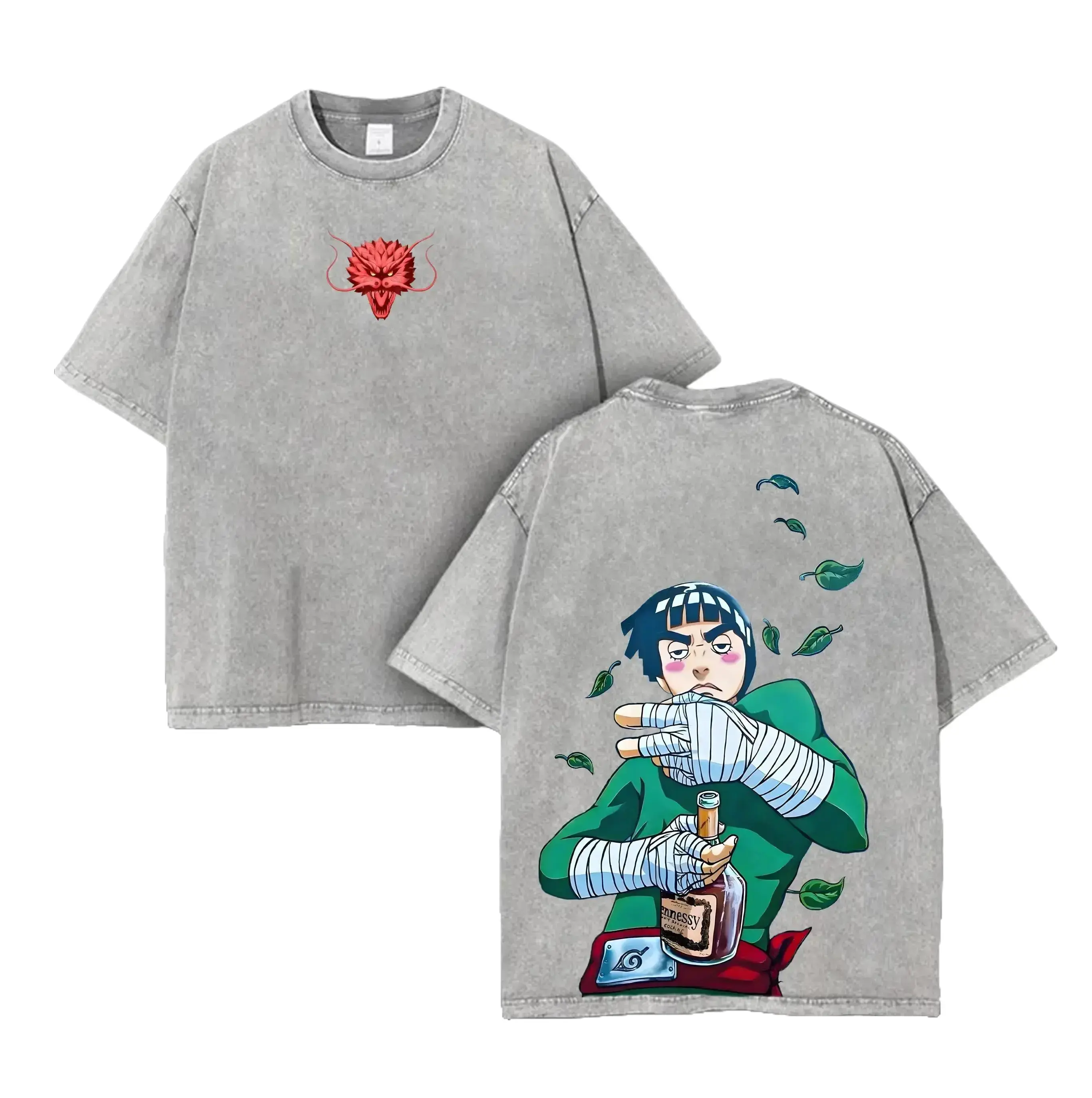 Maito Gai/Might Guy - Naruto Anime Double Printed Vintage Washed Tee Unisex Oversize Anime Manga Washed Heavyweight Cotton T-shirt, Gift For Anime Fan, Anime Lover