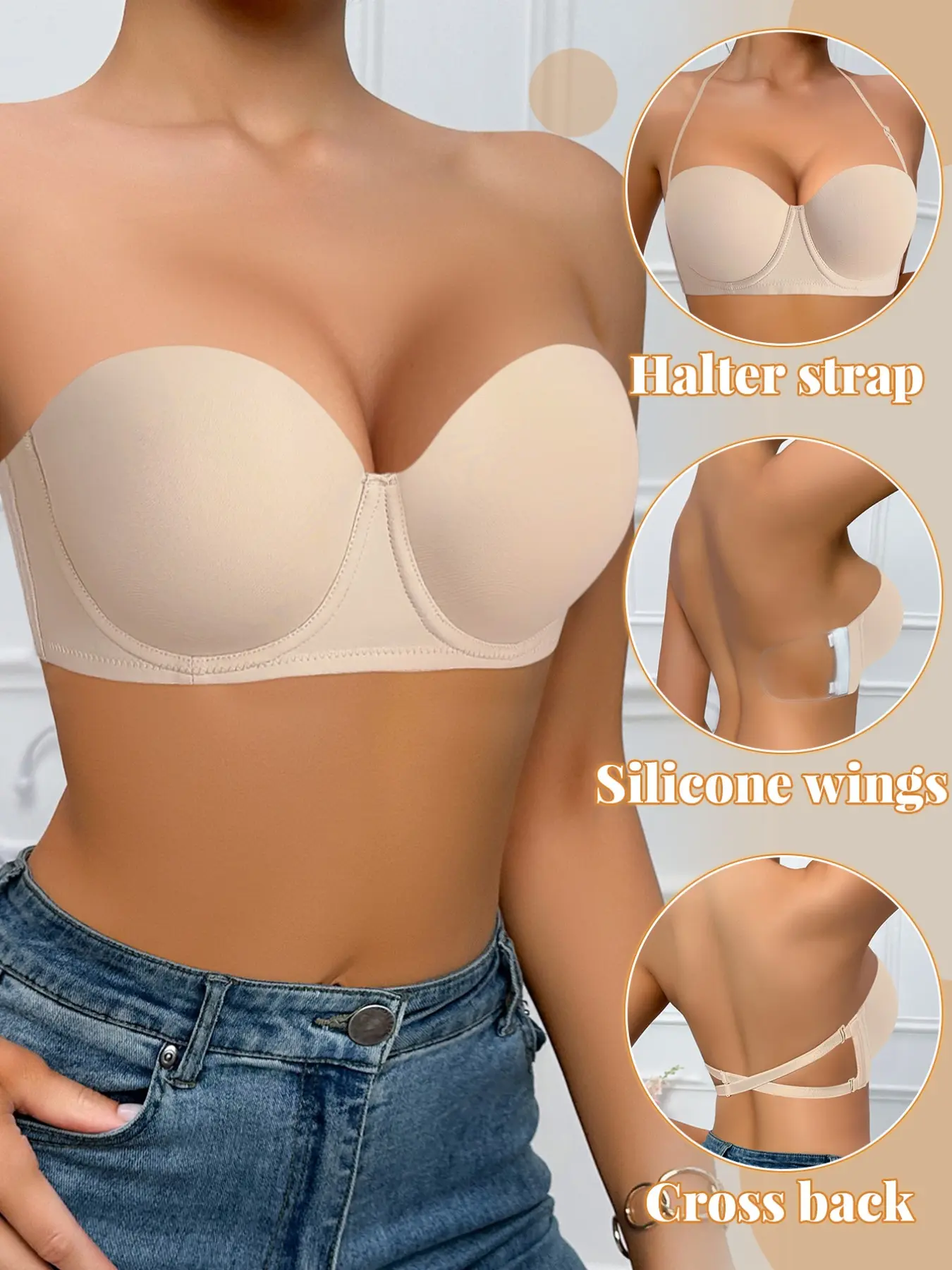Women's strapless seamless bra, push-up and lifting bra with Buckle, suitable for party dresses and summer tops.