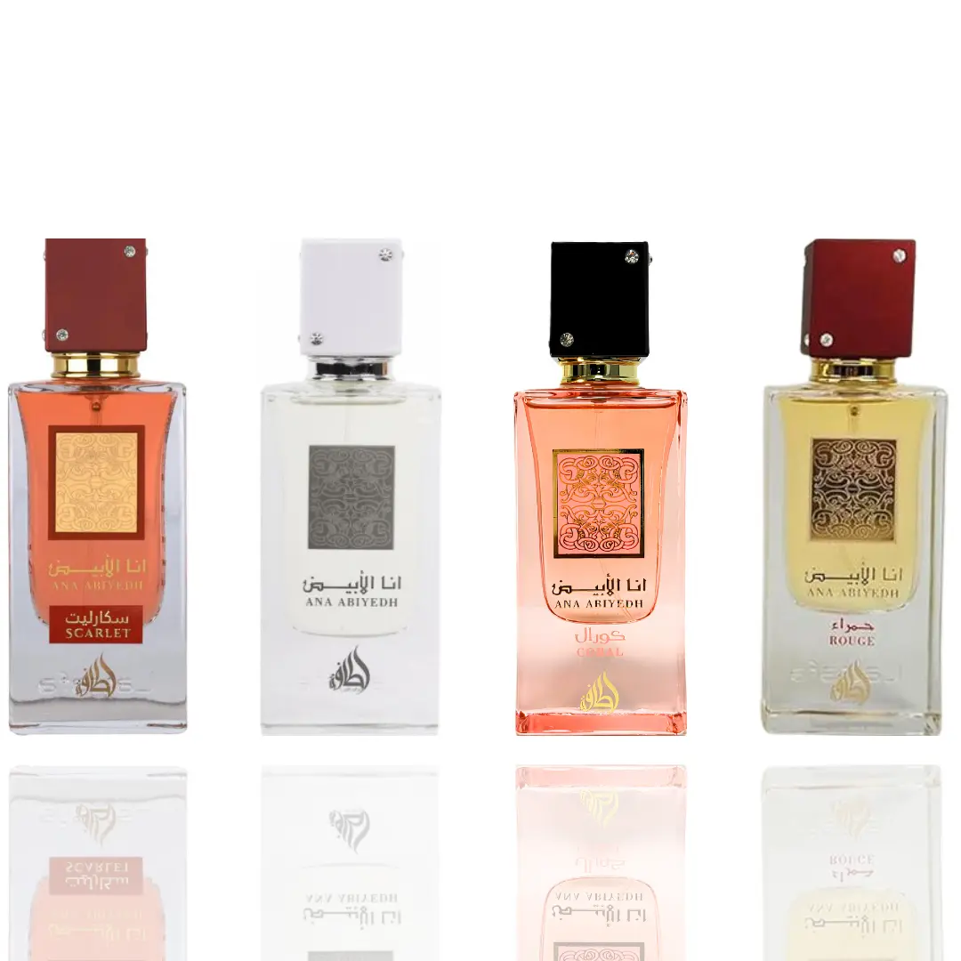 Lattafa Ana Abiyedh Unisex Premium Arabian Fragrance 4-Piece Bundle - 4x20ml Oil Concentrates (Coral, Scarlet, Rouge), Perfume Sampler Set, Musk, Punchy, Saffron Scents, Luxurious Gift Set