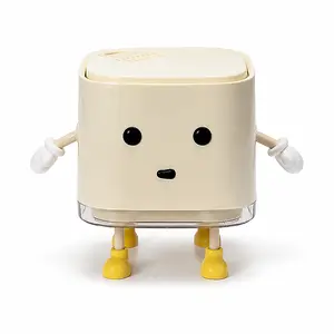 Cute desktop trash can with lid, mini cartoon waste bin with built-in cleaning brush, small odor control garbage bin for office desk, bedroom vanity automatic Smart space motion Double Tilt Out Cabinet
