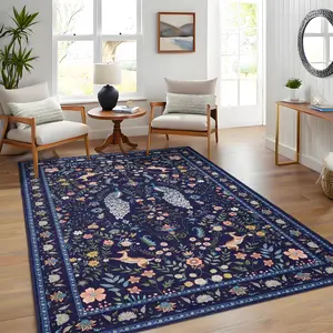 Washable Floral Area Rugs for Living Room Non Slip Peacock Printed Rug Indoor Soft Floor Cover Low Pile Non-Shedding Thin Foldable Carpet for Bedroom Nursery Office