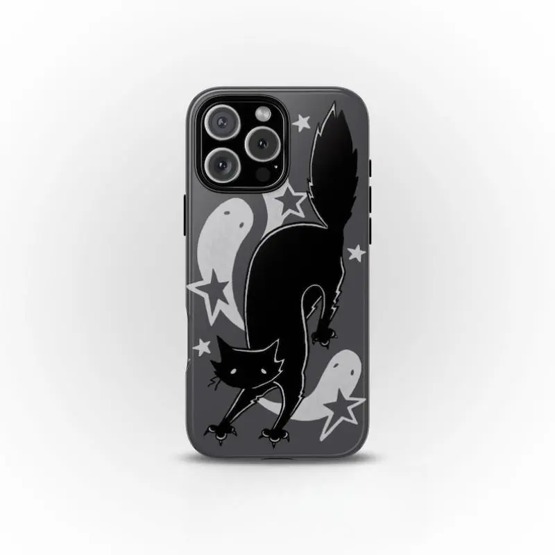 Grey Scaredy Cat Phone Case Y2K Cute Halloween Grunge Gothic Indie Art Cool Girl Suitable for Iphone 11/12/13/14/15/16/17 Pro Promax Plus Air