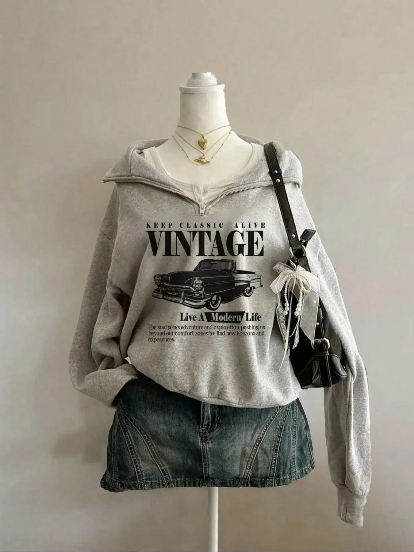 Women's Casual Loose-Fit Baggy Oversize Half-Zip Hoodie Fashion Sweatshirt Tops, Vintage Car Letter Graphic Print, Long Sleeve, Thick Knitted Fabric, Ideal for Spring & Fall, Womenswear