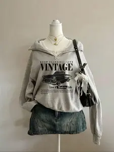 Women's Casual Loose-Fit Half-Zip Hoodie Sweatshirt Tops, Vintage Car Letter Graphic Print, Long Sleeve, Thick Knitted Fabric, Ideal for Spring & Fall