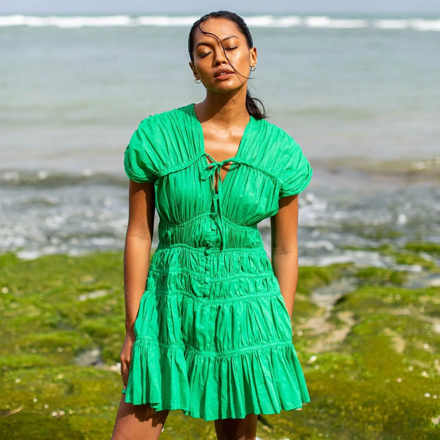 SRIKANDI — Bali Deadstock Cotton Ruffle Maxi Dress, Kelly Green