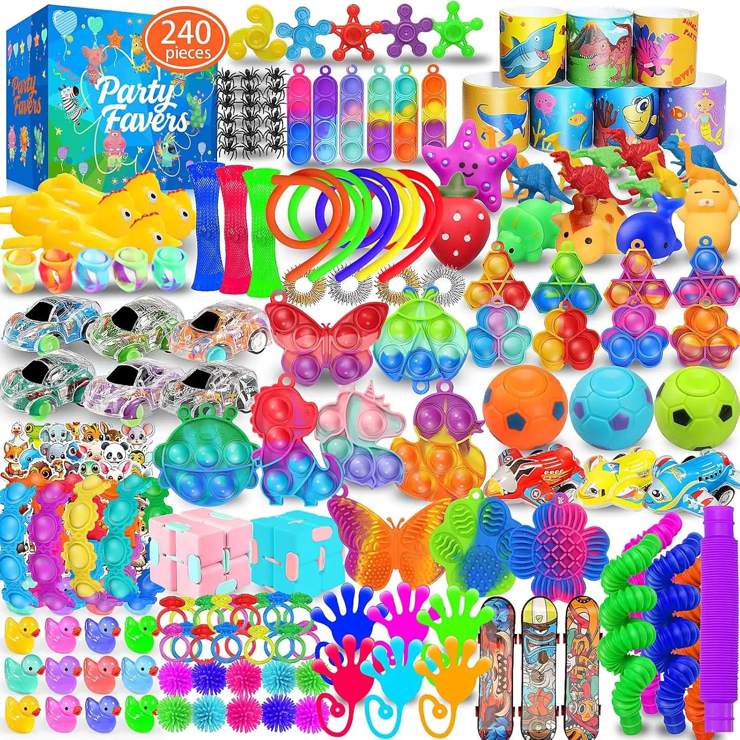 240-Piece Unisex Colorful Mixed Fidget Toys Bulk Pack - 170 Pcs Easter Supplies, Party Favors, Kids Party Classroom Prizes, Child Birthday Gifts (Ages 4-12), New Years Eve Goodie Bag Fillers