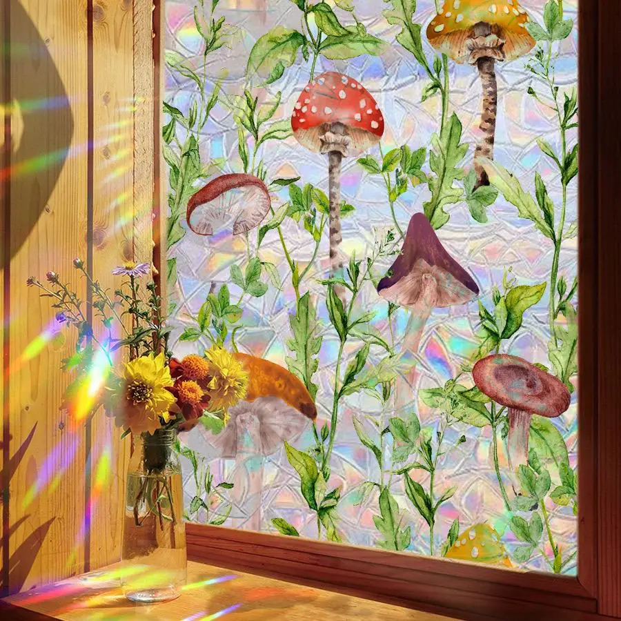 Mushroom Forest Pattern Window Sticker, Colorful Window Film, Window Covering Sticker for Home Office Kitchen Bathroom, Wall Decor Decoration Items, S