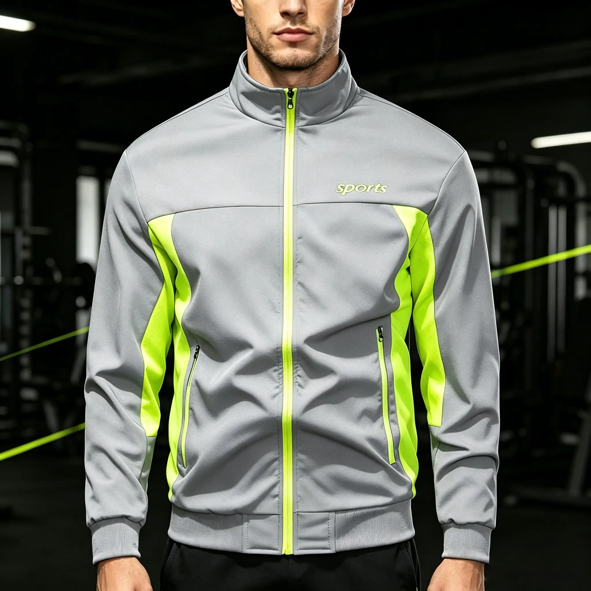 Men’s stand-collar sports jacket for spring/autumn, color-block neon green panels, zip-up open-front design, quick-drying and breathable, suitable for fitness and running, loose fit, plus sizes available, casual windproof top, versatile sportswear