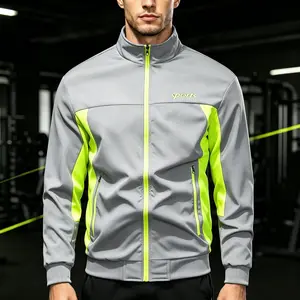 Men’s stand-collar sports jacket for spring/autumn, color-block neon green panels, zip-up open-front design, quick-drying and breathable, suitable for fitness and running, loose fit, plus sizes available, casual windproof top, versatile sportswear