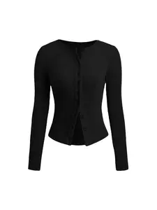 Plus Size Women's Solid Color Long Sleeve Knit Button Front T-Shirt, Casual Everyday Fitted Kint Fabric, Moderate Thick, Fall & Winter Fashion Top, Knitwear Basic