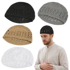 4Pcs Stretchy Knitted Kufi Hat, Handmade Crochet Skull Beanie Cap, Breathable Elastic Headwear Suitable for Muslim Men Women Daily Outdoor Casual Wear