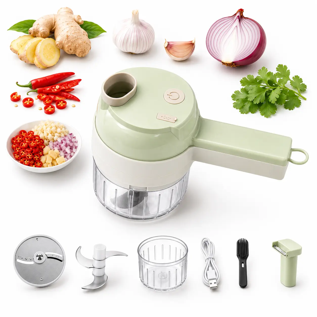 Handheld Food Processor, USB Rechargeable Mini Food Chopper with Slicing Disc & Chopping Blade, Electric Vegetable Cutter for Garlic, Onion, Ginger, Chili, Portable Kitchen Prep Tool